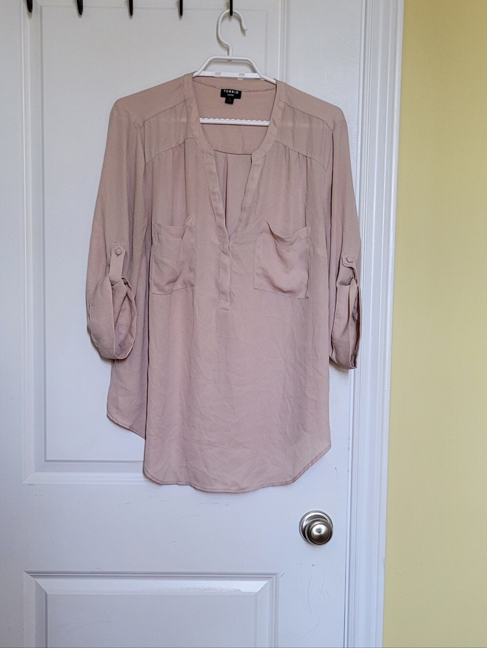 Torrid blouse shirt top Harper style plunging neckline beige sheer plus size